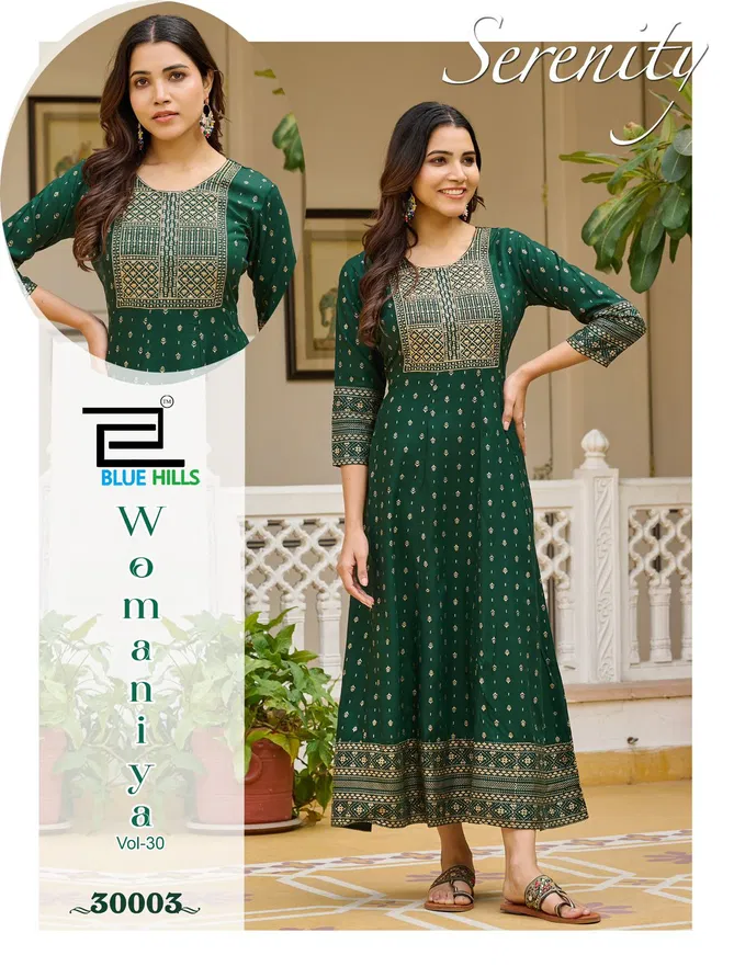 Womaniya Vol 30 By Blue Hills Rayon Printed Anarakali Long Kurti Orders In India